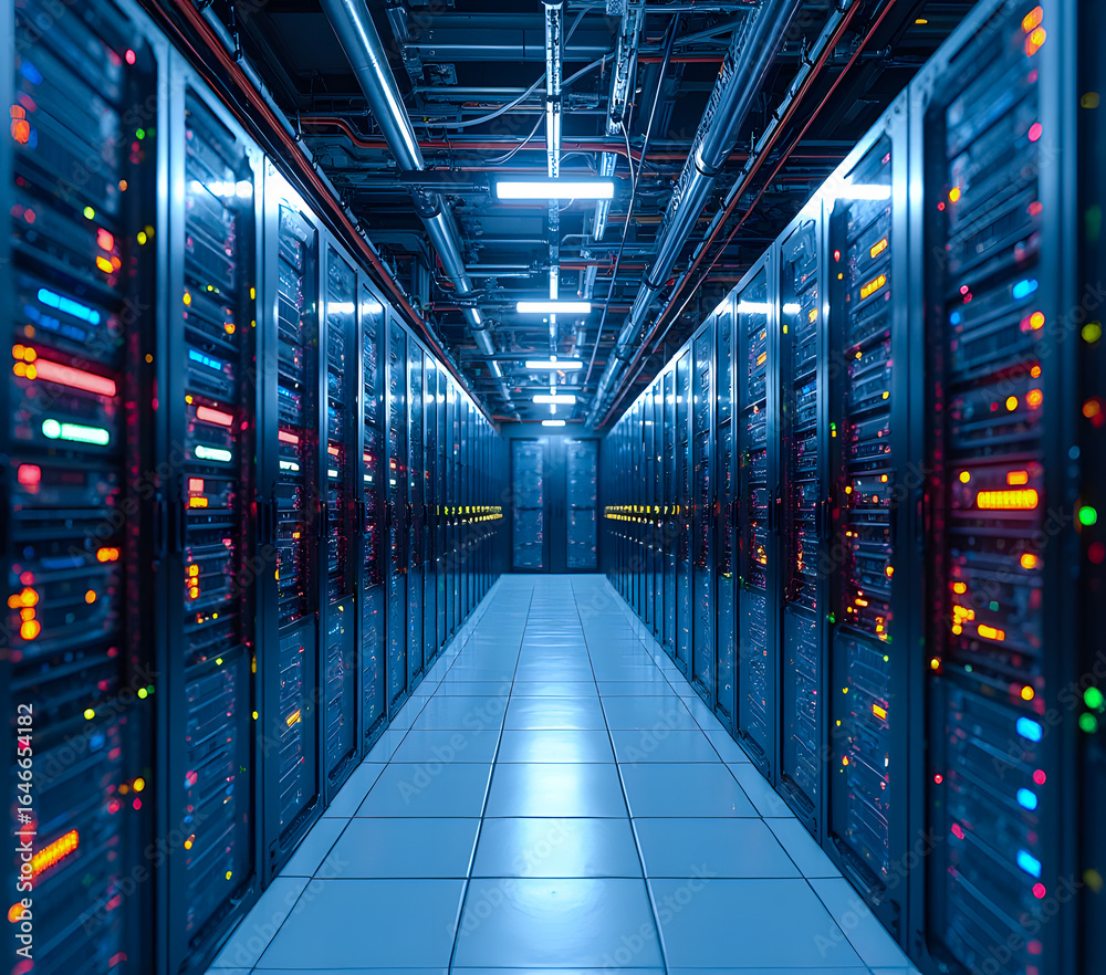 Obraz premium High-Tech Data Center Corridor With Illuminated Server Racks in a Modern Facility