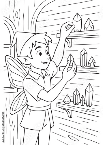 coloring book page of a fairy boy arranging shiny crystals on tall wall shelves