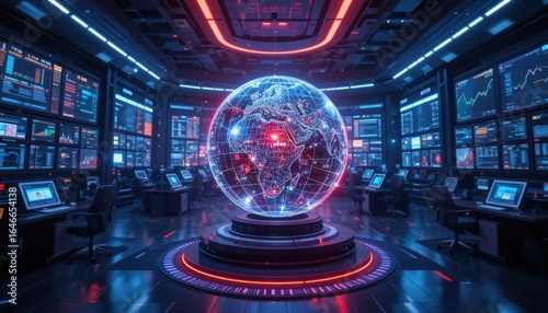 Global digital trading hub with holographic globe, real-time stock and product updates, and vibrant futuristic atmosphere
