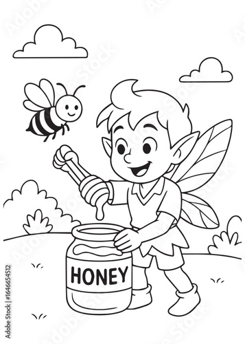 coloring book page of a fairy boy scooping honey from a big jar with a dipper while a bee hovers