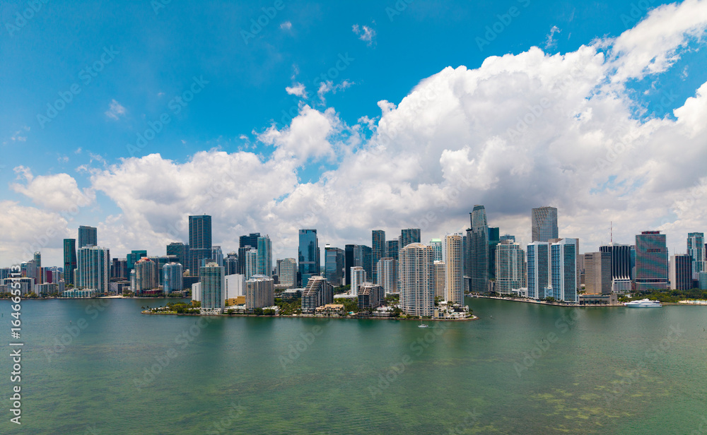 Fototapeta premium Aerial view of Brickell skyline in downtown Miami. Skyscrapers above Miami. Scenic panorama of Brickell financial district. Brickell in Miami city.