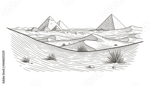Hand drawn illustration featuring ancient Egyptian pyramids in sandy desert landscape with dunes. Vector image.