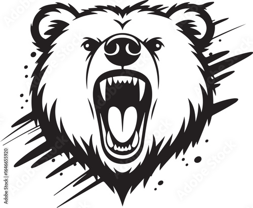 Ferocious Grizzly Bear Head Roaring Aggressively Vector Illustration Art