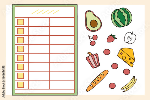 A colorful illustration of a blank checklist with various food items including fruits vegetables and bread perfect for meal planning or grocery lists