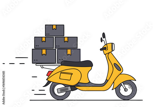A vibrant scooter swiftly delivers stacked boxes. Modern, flat design illustration for delivery services. Clean, dynamic composition.
