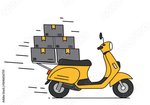 A vibrant scooter swiftly delivers stacked boxes. Modern, flat design illustration for delivery services. Clean, dynamic composition.
