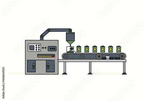 Robotic arm dismantles batteries on a conveyor belt. Industrial automation, clean lines, and a modern factory setting. Vector illustration.
