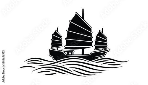 Icon style black silhouette of a junk boat with sails on stylized waves. Traditional maritime vessel in vector format.