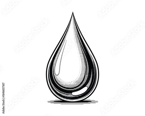 Illustration of a single water drop in engraved style. Monochrome liquid shape with minimalist design. Vector Illustration.