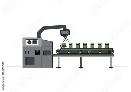 Robotic arm dismantles batteries on a conveyor belt. Industrial automation, clean lines, and a modern factory setting. Vector illustration.
