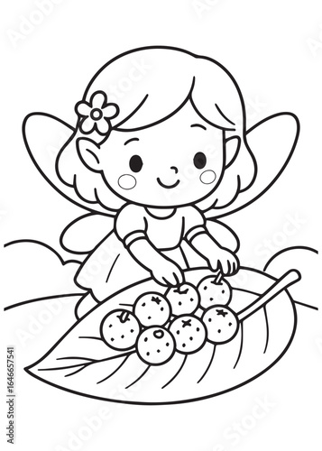 coloring book page of a little fairy arranging berry skewers on a large leaf, preparing sweet forest snacks.