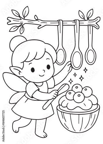 coloring book page of a little fairy preparing a bowl of round treats beneath hanging spoons, arranging sweets.