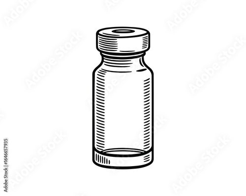 Medical vial. Pharmacy bottle. Medicine bottle. Black lines. Isolated. Vector Illustration.