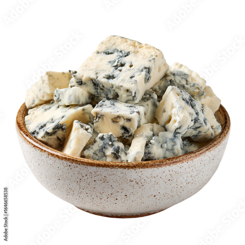 A small bowl filled with crumbled blue cheese, isolated on a transparent background