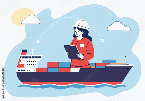 A professional woman oversees global shipping logistics with a tablet aboard a cargo ship. Modern illustration, vibrant colors, and a dynamic composition convey efficiency and connectivity.
