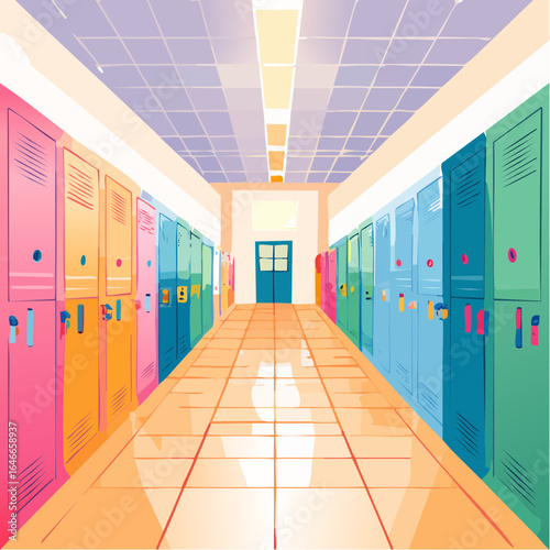 Nostalgic 90s school corridor with lockers, colourful posters, and tiled floors