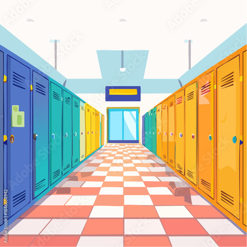 Nostalgic 90s school corridor with lockers, colourful posters, and tiled floors