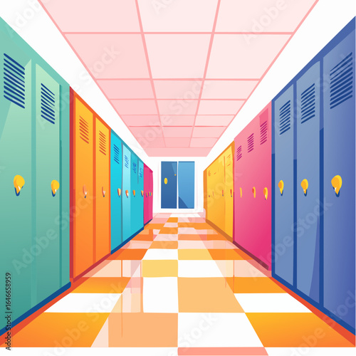 Nostalgic 90s school corridor with lockers, colourful posters, and tiled floors