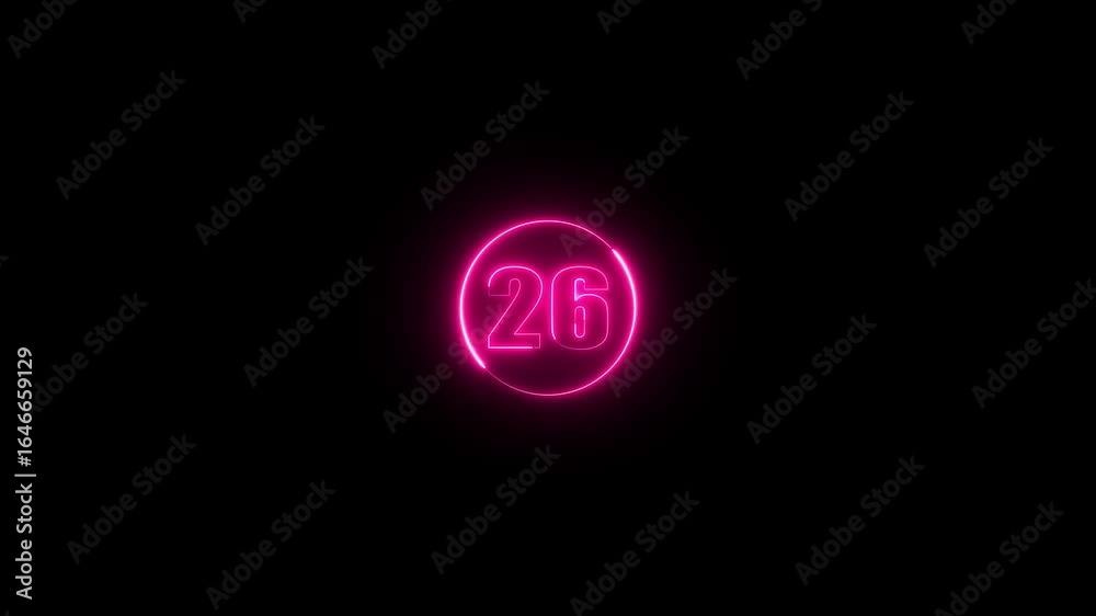 A dynamic circular animation and glowing neon number 26 animation on a black background. A dynamic circular animation and glowing neon number 26 animation on a black background.
