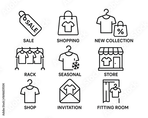 Set of black line icons for clothing store, sale, rack, shopping, new collection, seasonal, invitation, fitting room. Vector.