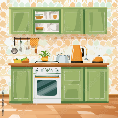 Cozy 70s kitchen scene with earthy tones, vintage appliances, and home warmth