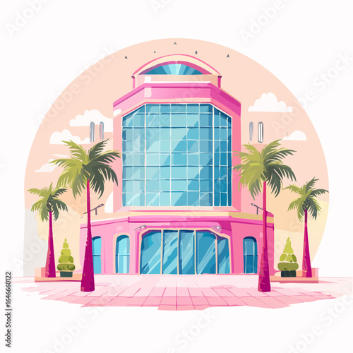 Pastel 80s mall scene with tropical plants, glass lifts, and vintage style