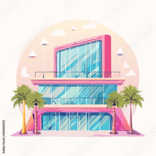 Pastel 80s mall scene with tropical plants, glass lifts, and vintage style