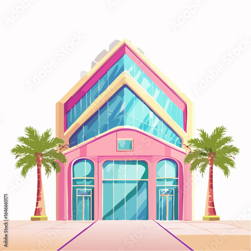 Pastel 80s mall scene with tropical plants, glass lifts, and vintage style