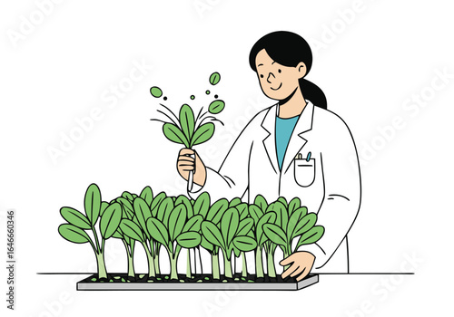 A female scientist examines thriving plant seedlings in a lab setting. Focused, professional, and showcasing growth. Clean, modern illustration.
