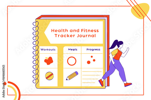 Health and fitness tracker journal with illustrations of workouts meals and progress alongside a running woman
