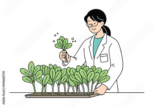 A female scientist examines thriving plant seedlings in a lab setting. Focused, professional, and showcasing growth. Clean, modern illustration.
