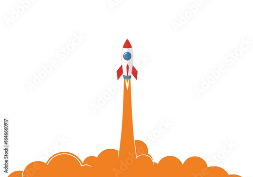 A stylized rocket launches upwards, leaving a trail of white smoke. Clean, modern design with a bright, optimistic feel. Perfect for business and technology themes.
