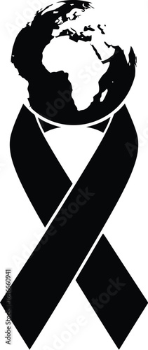 Black earth globe above a black awareness ribbon on a white background