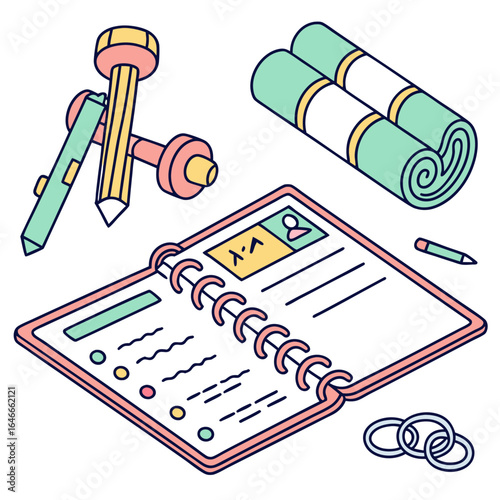 Isometric illustration of school and office supplies including a notebook pencils and rolled up mats representing productivity and planning