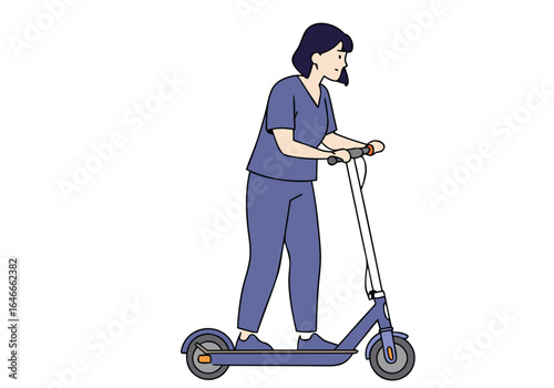 A young woman rides an electric scooter, showcasing a modern urban lifestyle. Clean lines and a simple background highlight the scooter. Suitable for setup packages.

