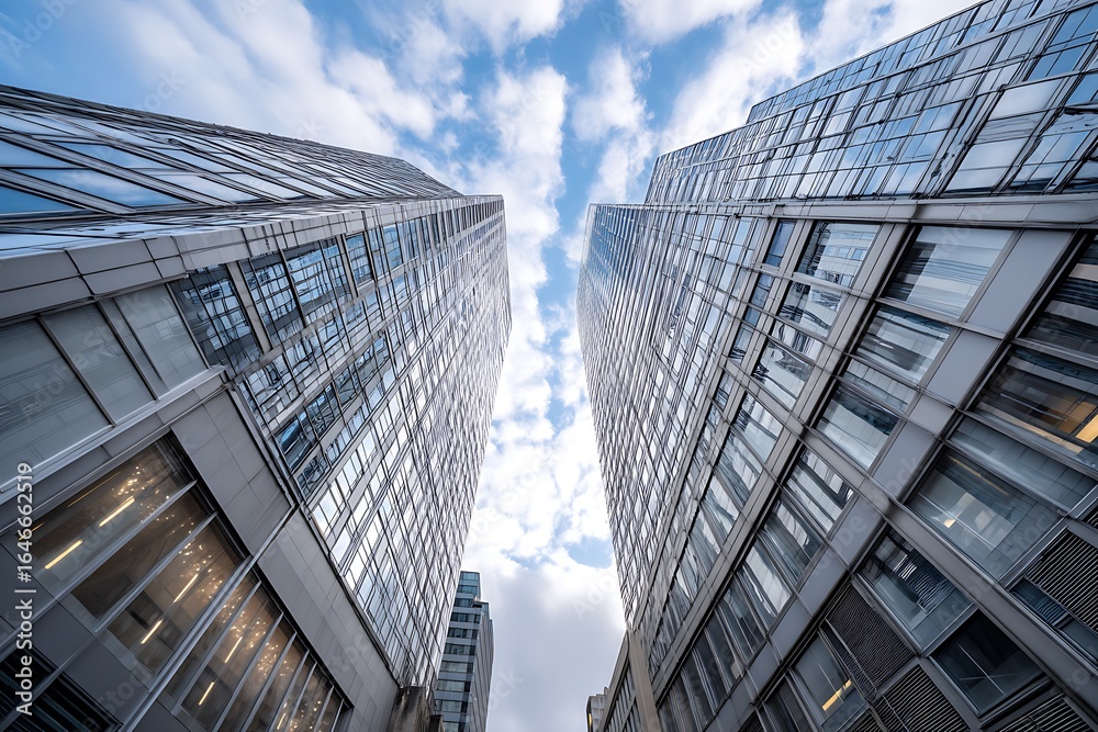 Fototapeta premium A perspective view looking up between two modern skyscrapers, with reflective glass exteriors set against a partly cloudy sky, evoking the grandeur of urban architecture.
