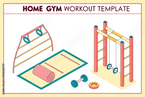 Isometric illustration of a home gym setup featuring a pull up bar gymnastic rings a yoga mat and dumbbells for a complete workout routine