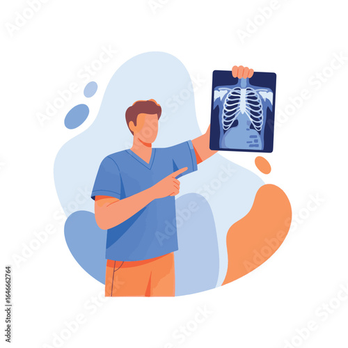 flat 2d vector illustration of medical professional examining and explaining chest x ray image for diagnosis