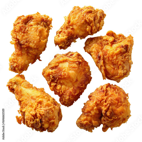 Crispy fried chicken pieces arranged neatly in an organized layout, isolated on a pure transparent background with no shadows and full depth of field for sharp, clear focus throughout