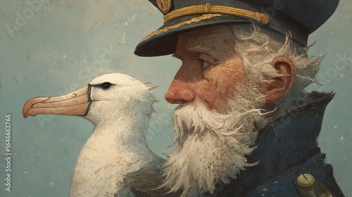 An elderly male captain with a white beard and an albatross by his side, deep in thought.