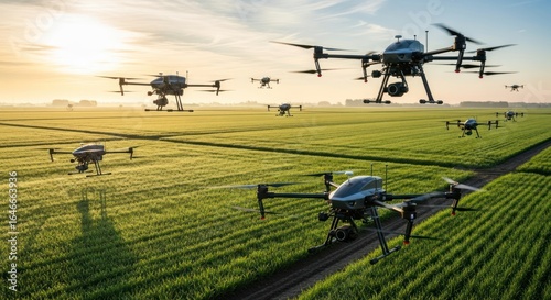 Golden Hour Over a Smart Farm: A Fleet of Advanced Drones Surveys Lush Crops
