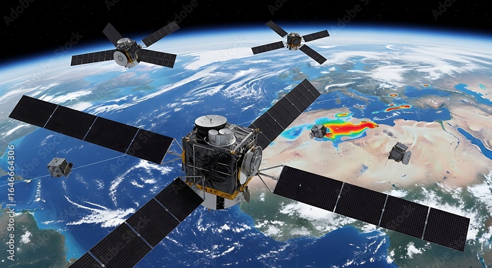 Obraz premium Advanced Satellite Constellation Orbiting Earth Conducting Climate Research and Monitoring