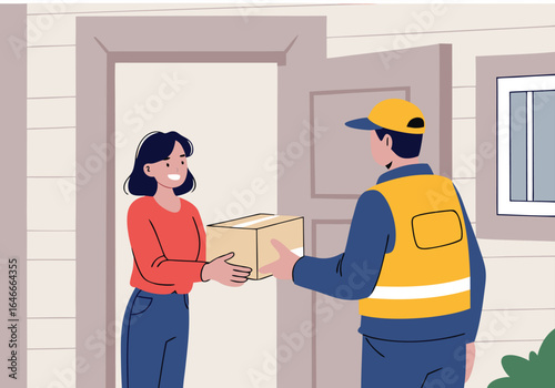 A woman happily receives a package delivered by a friendly courier at her doorstep, illustrating efficient home delivery service.
