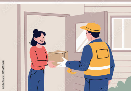 A woman happily receives a package delivered by a friendly courier at her doorstep, illustrating efficient home delivery service.
