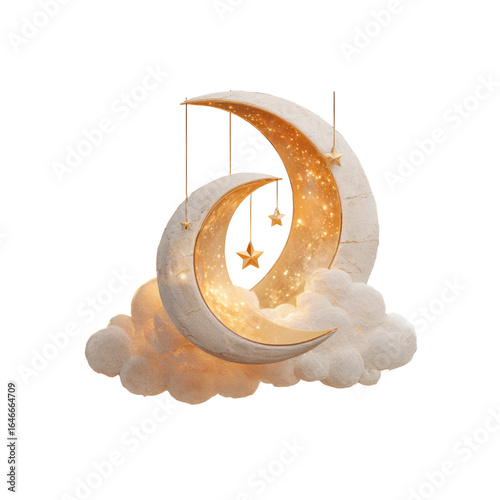 Enchanting Crescent Moon and Stars Nestled in Clouds - Ramadan, Dreamy Night Scene