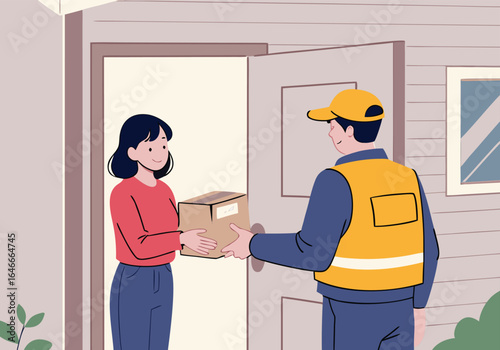 A woman happily receives a package delivered by a friendly courier at her doorstep, illustrating efficient home delivery service.

