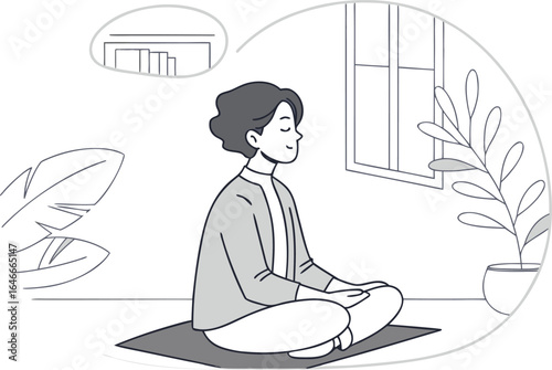 Serene individual meditating indoors finding inner peace and mindfulness while surrounded by calming elements and a window view