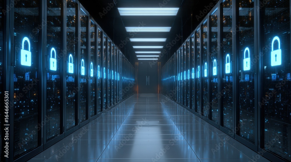Fototapeta premium Secured Data Center: A sleek, symmetrical perspective unveils a data center, with rows of servers illuminated by a subtle blue light and security symbols, suggesting robust data protection. 