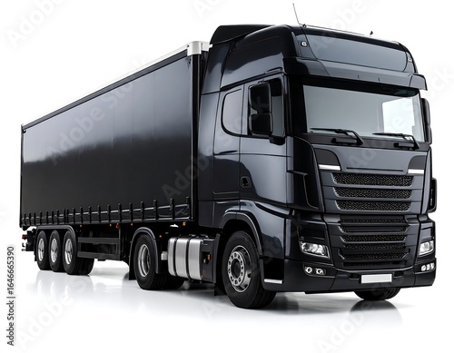 Sleek black semi-truck with trailer, angled view, clean white background