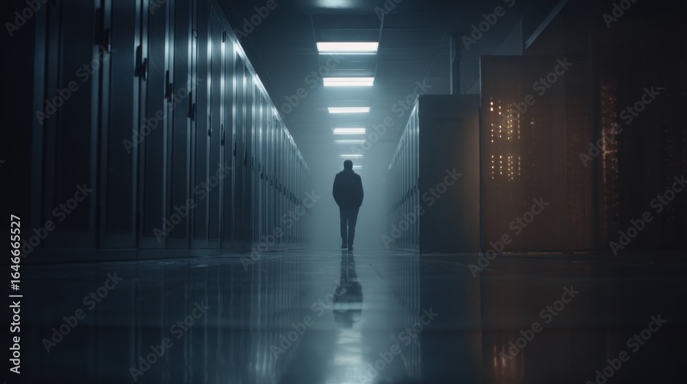 Obraz premium Data Center Silhouette: A solitary figure, silhouetted against the intense light, navigates the network of a futuristic data center, reflecting themes of security and technological innovation.